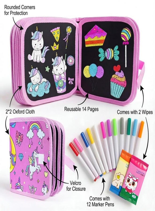 FINEMOE Reusable Doodle Book Set for Kids, 14 Page Erasable Drawing Notebook with 12 Sketch Pens, 2 Wipes, Fun Painting Activity & Stationery Kit, Age 3-12 Gift (Unicorn), Multicolor - Image 3